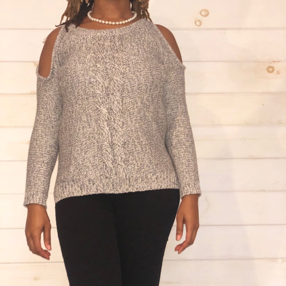 Francesca’s Cable Knit Cold Shoulder Sweater